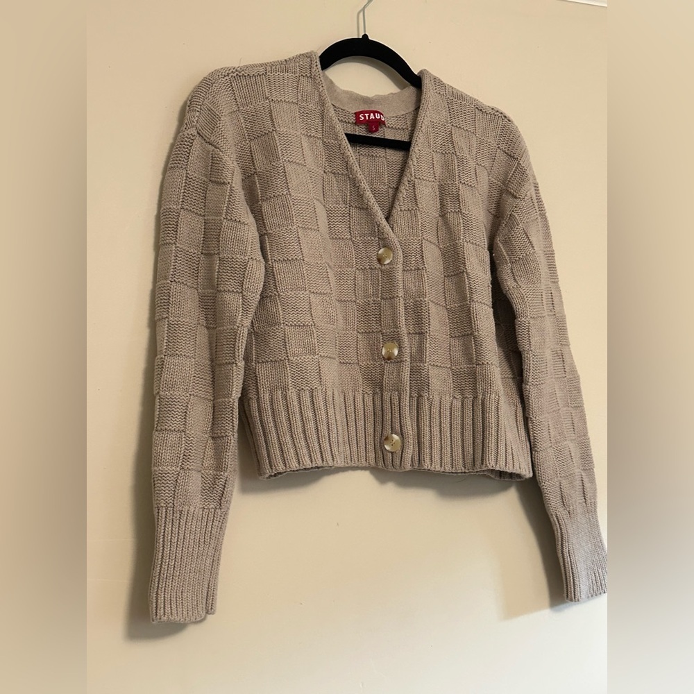 STAUD Checkerboard Knit Cardigan Sweater Size Small Cropped Taupe Wool Blend - Picture 1 of 6